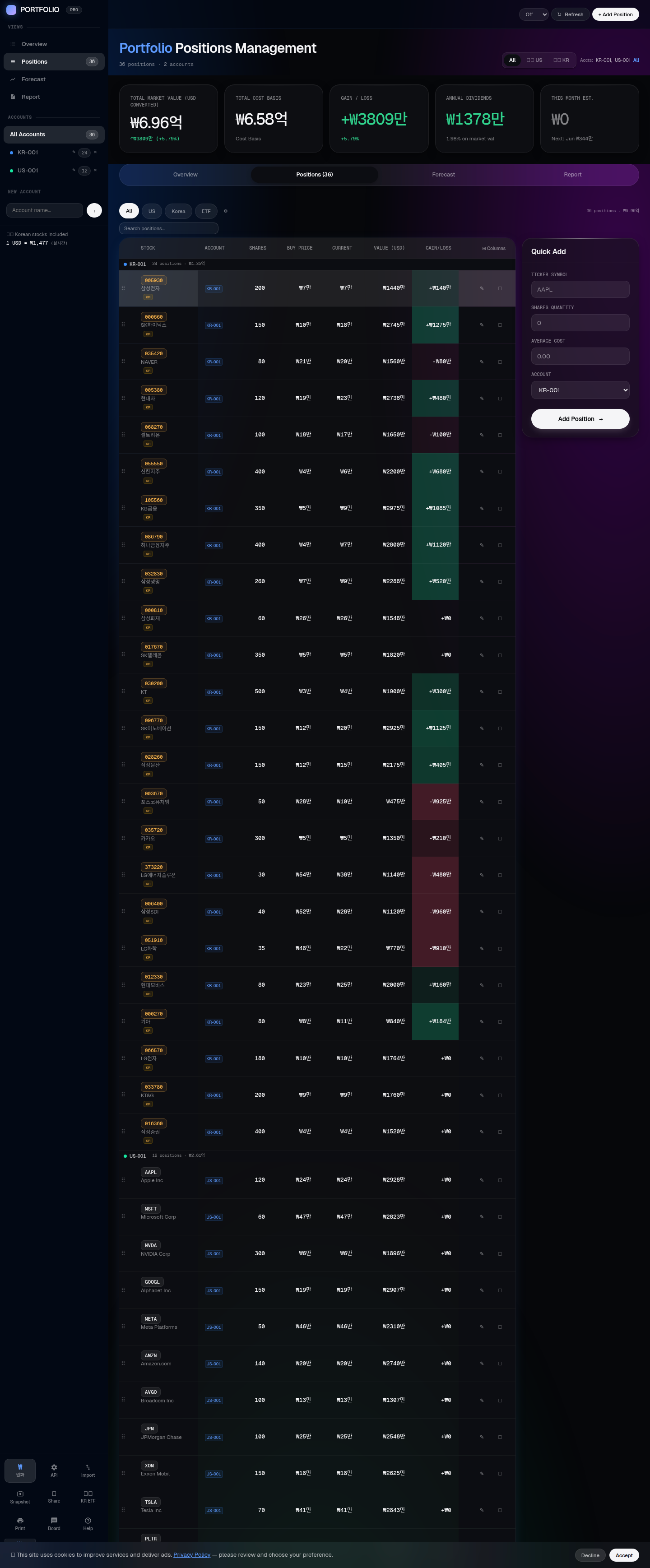 Positions table